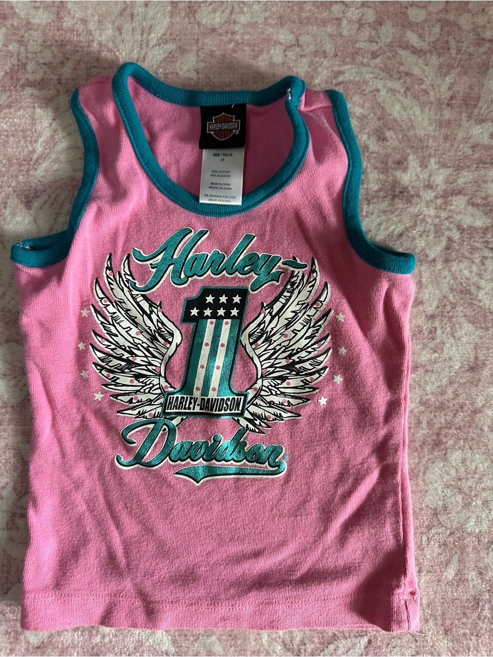 Harley-Davidson Pink Tank Top with Teal Trim and Winged Logo